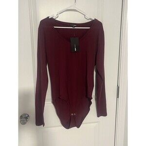 NWT Fashion Nova V-Neck Layering Long Sleeve Bodysuit Size 1X - Wine
